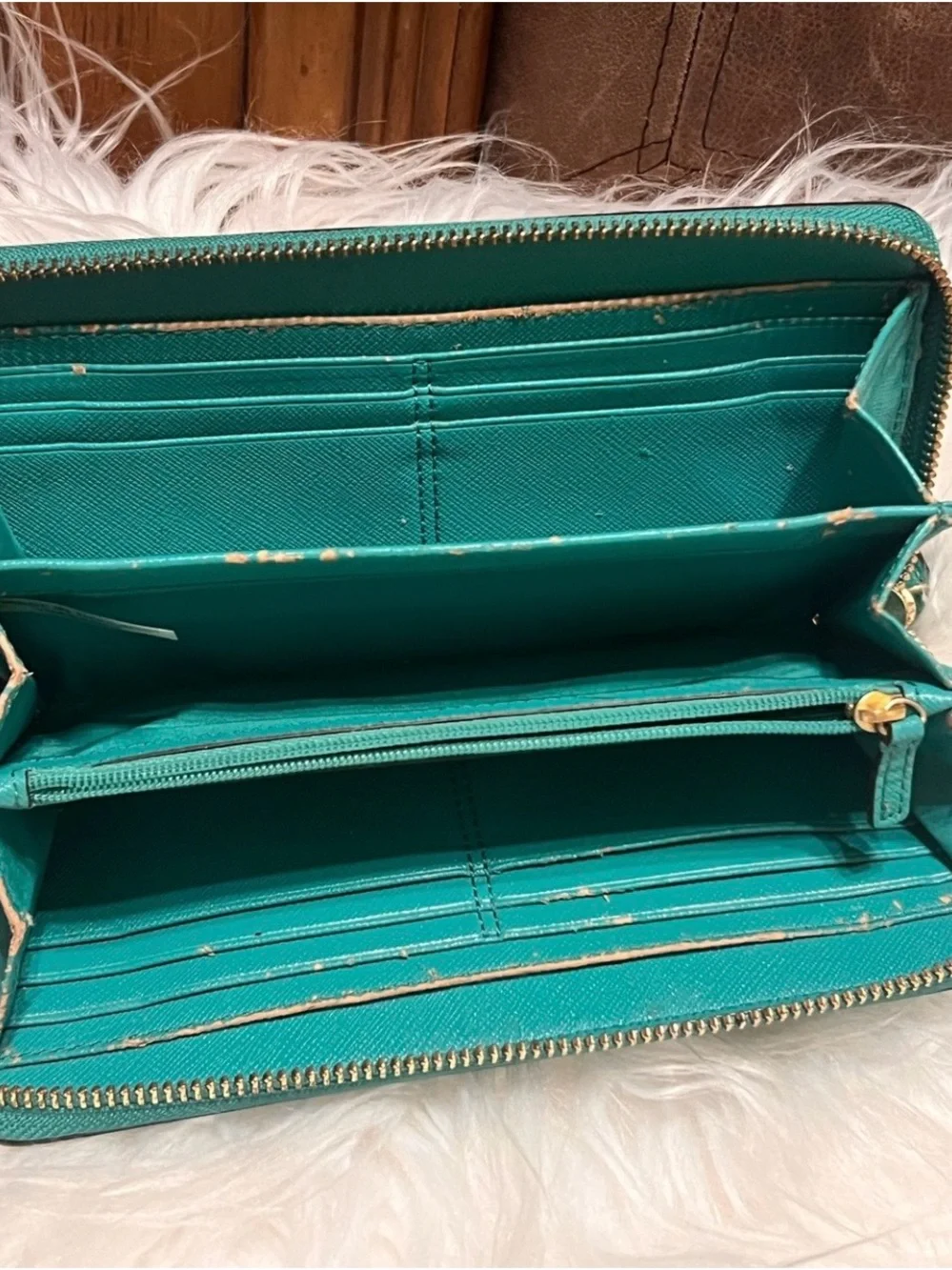 COACH Teal Zip-Around Leather Wallet with Gold Logo